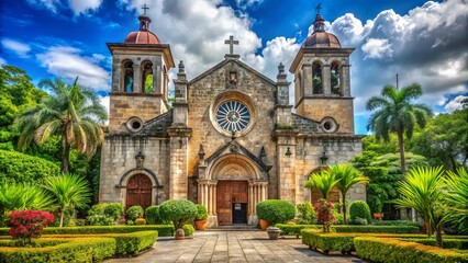 Fototapeta premium Majestic stone façade of an ancient Catholic church with intricate stone carvings, stained glass windows, and a towering bell tower set amidst lush greenery.