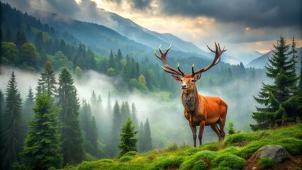 Majestic stag with impressive rack and golden fur stands proudly in lush green forest, surrounded by misty mountains in the Carpathian range.