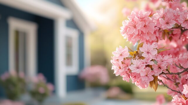 A serene view of pink blossoms in front of a cozy house, capturing the beauty of spring in a peaceful neighborhood. suburban development concept.