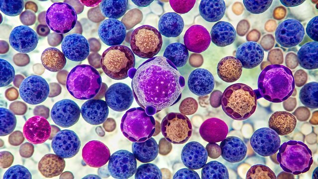 Microscopic view of malignant B cells with irregular nuclei and abundant cytoplasm in a lymph node biopsy, characteristic of mantle cell lymphoma diagnosis.