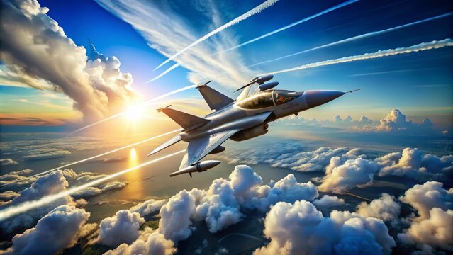 Military fighter jet soaring through cloudy blue skies, leaving behind contrail streaks, showcasing precision and power in mid-air combat readiness.