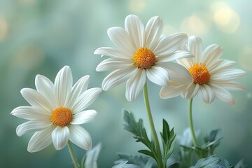 Three white daisies with yellow centers on a soft green background, capturing the essence of spring, simplicity, and natural beauty, perfect for floral and seasonal designs.