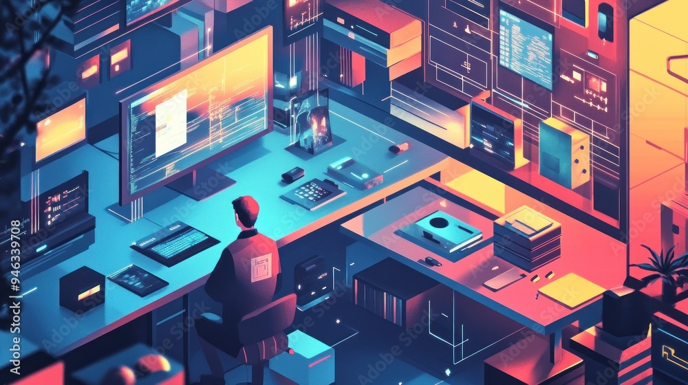 Poster a man working at a desk in a futuristic digital environment