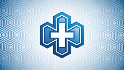 Obraz premium Modern blue and white hospital logo featuring a stylized medical cross symbol surrounded by bold typography and subtle patterns, conveying healthcare and wellness themes.
