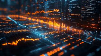 A holographic interface displays the real-time movement of data with glowing lines and patterns, reflecting a high-tech atmosphere.