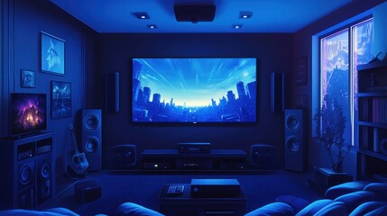 Modern Home Theater Room with Blue Lighting and Futuristic Cityscape on Screen