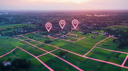 Aerial view of land with zoning markers highlighting different plots, illustrating land division and planning.