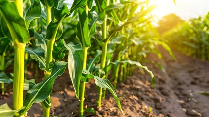Fototapeta premium Golden sunlight illuminates a tranquil cornfield with radiant beams piercing through the foliage