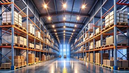 Fototapeta premium Modern industrial warehouse interior with rows of shelves, crates, and pallets, illuminated by bright overhead lighting, featuring bold vector elements and a clean, minimalist aesthetic.