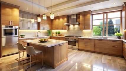 Modern kitchen interior with cream-colored walls, stainless steel appliances, and sleek wooden cabinets, illuminated by warm overhead lighting and natural light from a large window.