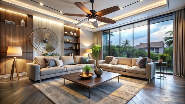 Modern living room with sleek furniture, soft lighting, and blurred motion of a fan spinning, creating a cozy and dynamic atmosphere in a stylish home.