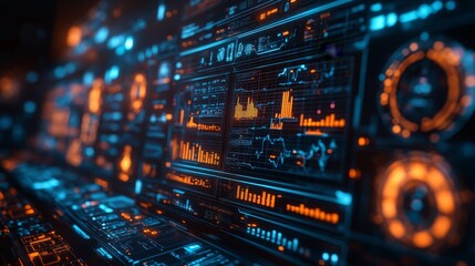 Fototapeta premium A vibrant holographic interface displays real-time data flow with various graphs and statistics in a sleek, advanced control room environment.