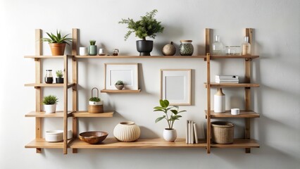 Modern minimalist wooden display rack mounted on a sleek white wall, showcasing a curated selection of stylish decorative items and sentimental keepsakes.