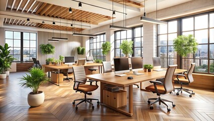 Modern minimalist shared office space with sleek wooden desks, ergonomic chairs, and ample natural light, fostering creativity and productivity in a collaborative environment.