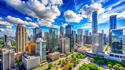 Modern urban landscape featuring sleek skyscrapers, high-rise office buildings, and bustling city streets set against a vibrant blue sky with fluffy white clouds.