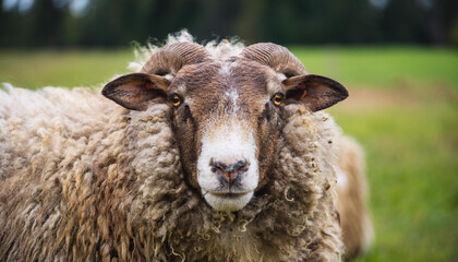 Fluffy sheep standing in field, face to camera. Portrait of ram. Farm animal.