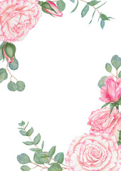 Light pink rose and eucalyptus. Watercolor botanical illustration. Hand drawn clipart, cut out and isolated. Realistic flower round frame for banner template with copy space for text in wedding prints