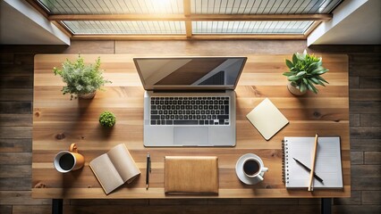 Modern workspace with open laptop, papers, and office supplies neatly organized on a wooden desk, viewed from directly above in a minimalist environment.