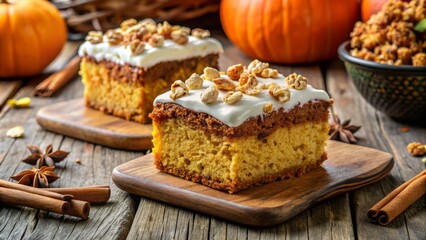 Moist and aromatic pumpkin crumb cake with cream cheese frosting, sprinkled with cinnamon and chopped nuts, served on a rustic wooden table setting.