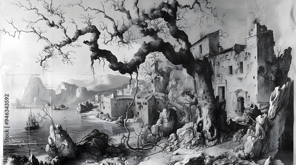 Canvas Prints Black and white landscape with a large tree and ruins.