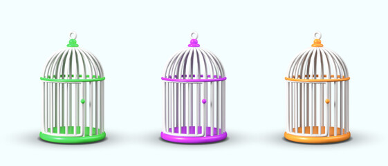 Set of round bird cages of different colors. Bird house in antique style
