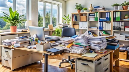 Overflowing messy desk cluttered with piles of paperwork, files, and documents, with papers scattered everywhere, and a hint of chaos and disorganization in the background.
