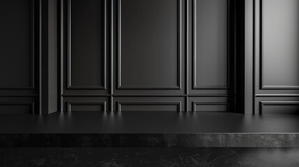 Black tabletop on classic wall panels background for product presentation. Empty marble dark countertop for luxury cosmetics advertisement design.