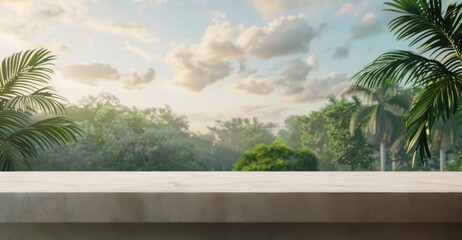 Beige tabletop in jungle on sky background for product presentation. Concrete empty countertop with palm trees. Display case for beauty and drinks advertising.