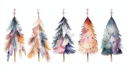 Whimsical Boho Christmas Tree with Feathers and Beads, Watercolor Clipart in Muted Tones on White Background