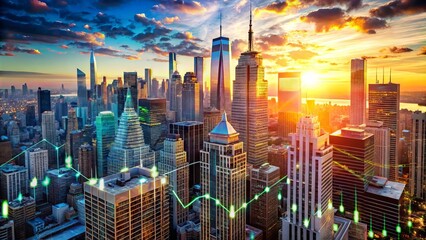 Panoramic cityscape of New York City's financial district at sunset with futuristic data visualization graphics and charts floating above skyscrapers and bustling streets.