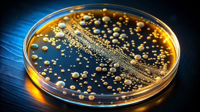 Petri dish with E. coli bacteria colony growth, tiny white dots on agar plate, under microscope, illuminated, against dark background, revealing intricate microbial patterns.