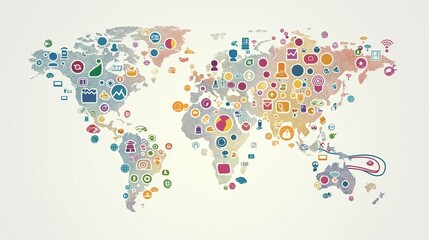 Fototapeta premium A colorful world map filled with icons representing various global themes and concepts.