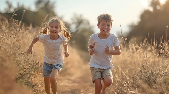 Brother and sister running outdoors, Siglings, family time