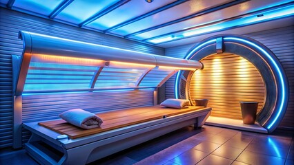 Relaxed atmosphere with warm lighting, a lounger, and a tanning bed featuring a comfortable cushion, awaiting a tranquil experience under soothing UV rays.