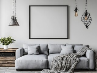 Mockup Frame in Rustic Farmhouse Living Room Interior with Grey Linen Sofa Reclaimed Wood Media Console Knitted Blanket and Pendant Lighting  3D Rendering of Cozy and Modern Home Decor