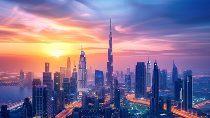 Naklejka premium Captivating Cityscape at Sunrise Towering Skyscrapers Illuminated in Vibrant Hues