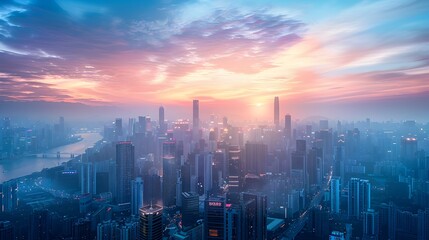 Fototapeta premium Dramatic Cityscape Skyline at Sunrise with Illuminated Skyscrapers