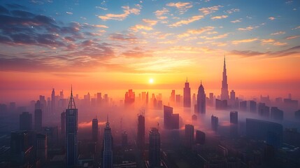 Naklejka premium Captivating Cityscape at Dawn Illuminates Towering Skyscrapers with Majestic Glow