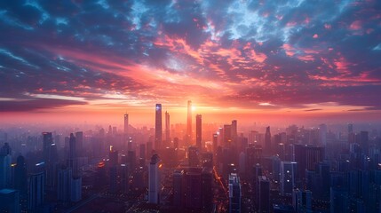 Futuristic Cityscape at Dusk with Glowing Skyscrapers and Panoramic Urban Skyline