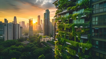 Sustainable Urban Architecture with Lush Vertical Gardens Adorning Skyscrapers in the City
