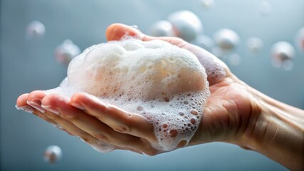 Naklejka premium Rich, velvety lather of soap forms a thick, creamy foam on a hand, with tiny bubbles glistening on the skin's surface, exuding cleanliness.