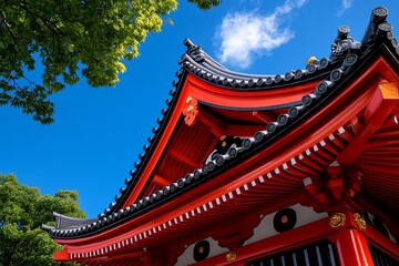 Obraz premium Japanese vermillion temple roof set against a clear blue sky, captured in a photo that emphasizes the bold contrast and the elegance of traditional architecture