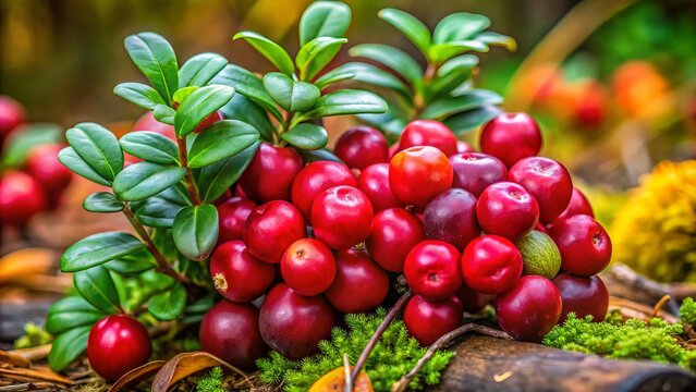 Ripe cowberries cluster on a lush forest floor, surrounded by vibrant green leaves and rustic twigs, evoking a sense of autumnal wonder and natural beauty.