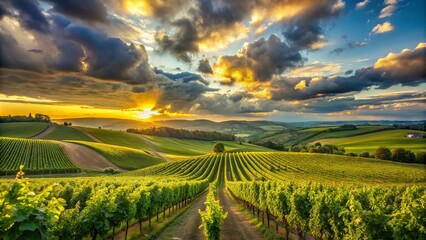 Rolling hills of lush green vineyards stretch towards the horizon under a dramatic sky with billowy white clouds and a hint of golden sunlight.