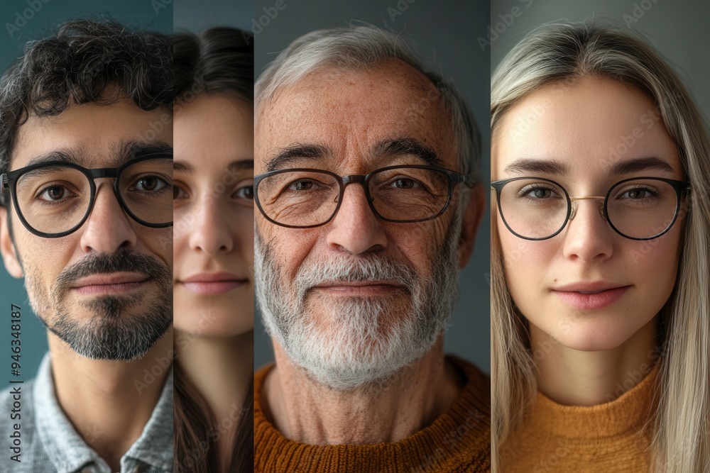 Aufkleber A diverse group of individuals with distinct facial features and expressions is captured in a series of close-up portraits. Each person shows a unique style. Generative AI