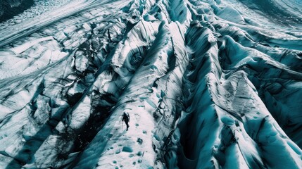 Mountaineer walking on glaciar with deep blue cracks