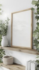 Mockup frame positioned on reclaimed wood shelving in a bright airy farmhouse style living room with white walls lush greenery accents and a clean Scandinavian inspired interior design