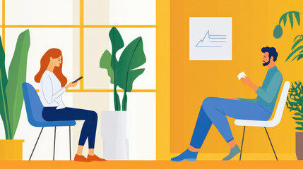 Young woman using smartphone while waiting in an office lounge with a man reading a document in bright, modern decor