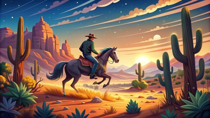 Rugged cowboy rider gallops horse through vast, starry western landscape, surrounded by rolling hills and cacti, in a stylized, bold, and colorful vector illustration.