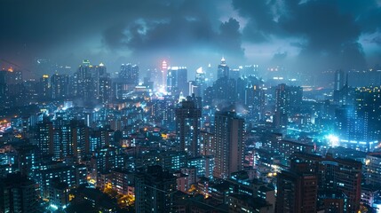 Fototapeta premium Illuminated Cityscape with Towering Skyscrapers at Night